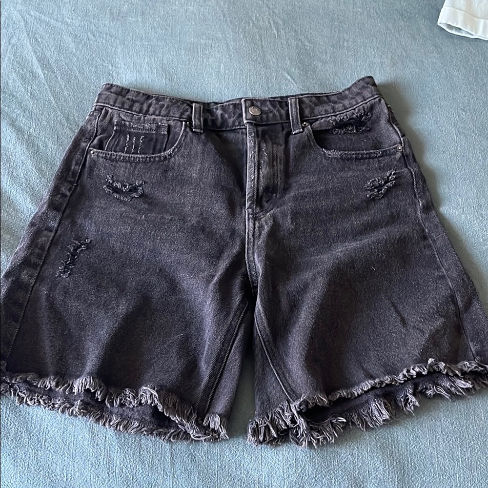 Distressed Black Denim Bermuda Shorts